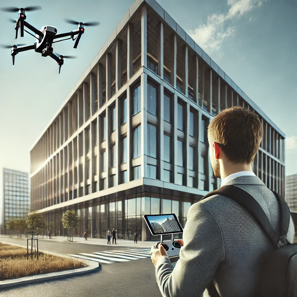 Een man, met zijn rug naar de camera, bedient een drone die boven een modern kantoorgebouw vliegt. Het gebouw heeft grote glazen ramen en een strak, eigentijds ontwerp. De man houdt een controller vast, waarop hij een livebeeld van de drone bekijkt. De omgeving is stedelijk, met een heldere lucht en enkele mensen die op de achtergrond lopen.